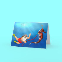 Scuba Diving Santa & Seahorse Christmas Card