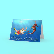 Scuba Diving Santa & Seahorse Happy Holidays cards