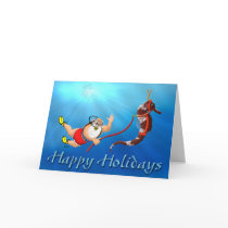 Scuba Diving Santa & Seahorse Happy Holidays cards