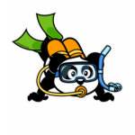 This cute panda loves to go scuba diving! Panda wears double tanks, a scuba mask & reg, and green fins. What a cutie! A great gift for any scuba diver.
