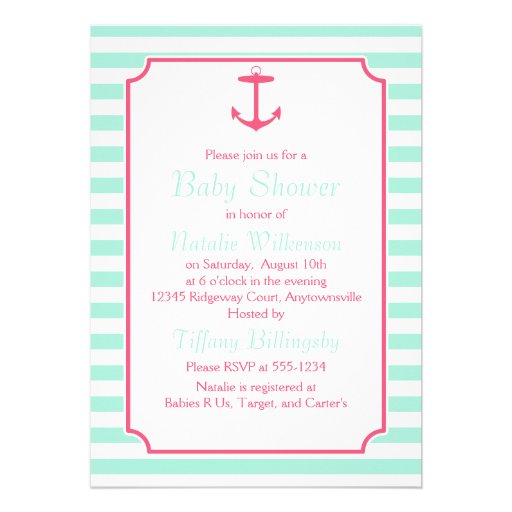 Sea Foam and Pink Anchor Silhouette Baby Shower Custom Invites