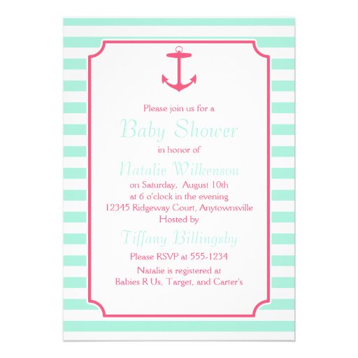 Sea Foam and Pink Anchor Silhouette Baby Shower Custom Invites