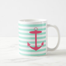 Sea Foam Green and Pink Anchor Coffee Mug