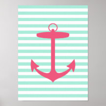 Sea Foam Green and Pink Anchor Print