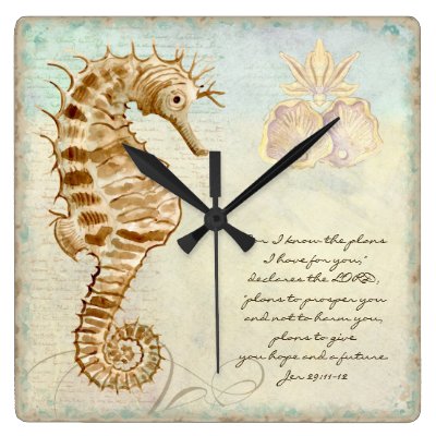 Sea Horse Coastal Beach - Christian Scripture Square Wallclocks