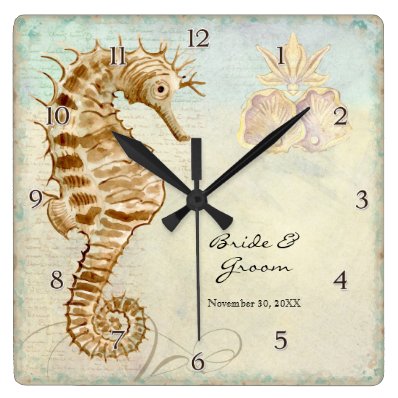 Sea Horse Coastal Beach Personalized Wedding Gift Square Wall Clock