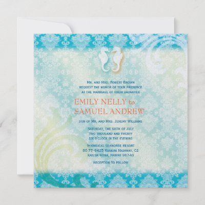 Sea Horse Couple Jeweled Damask Teal Beach Wedding Invitations by 