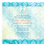 Sea Horse Couple Jeweled Damask Teal Beach Wedding Invitations