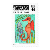 Sea Horse & Jellyfish Postage Stamp by PennyCork Sea Horse & Jellyfish Postage Stamp
