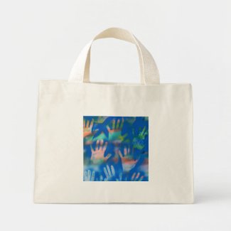 Sea of Hands, Orange and Green on blue bag