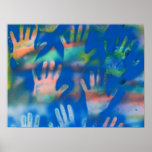 Sea of Hands, Orange and Green on blue posters