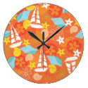 Sea Shells and Boats on Orange Round Wallclock