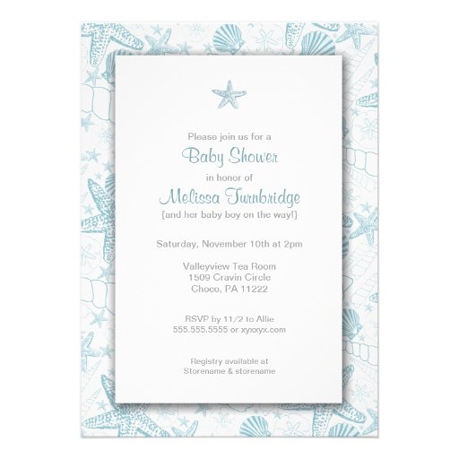 Sea Shells and Starfish Boy Baby Shower Invites (front side)