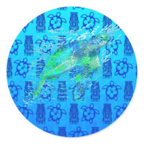 Sea Turtle And Blue Tiki Round Stickers