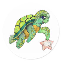 Sea Turtle and Starfish Round Sticker