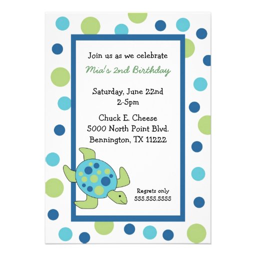 Sea Turtle Birthday Party Invite Blue Green Dots