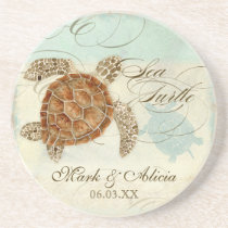 Sea Turtle Coastal Beach - Personalized Wedding Beverage Coaster