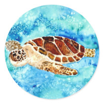 sea turtle marine sealife watercolor painting round sticker