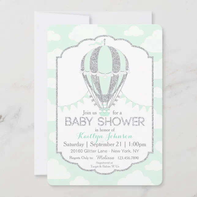 Seafoam Hot Air Balloon Gender Neutral Baby Shower Invitation Zazzle