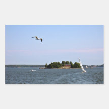 Seagull over ocean rectangular sticker