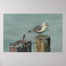 SEAGULL & PILINGS by SHARON SHARPE Poster
