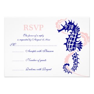 Seahorse and seaweed blue, pink wedding RSVP Personalized Invitation