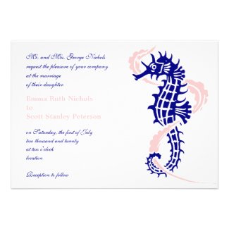 Seahorse and seaweed navy blue, pink wedding personalized announcements