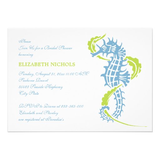 Seahorse blue, green wedding bridal shower personalized invites