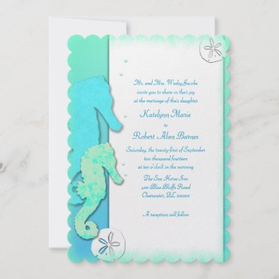 Seahorse Couple 5x7 Aqua Wedding Invitations by sandpiperWedding