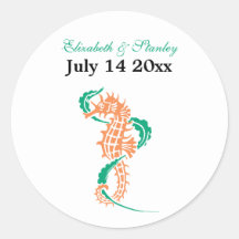 Seahorse emerald, coral wedding Save the Date Round Stickers