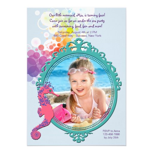 Seahorse Frame Photo Birthday Party Invitation (front side)