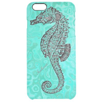 Seahorse on Aqua Splash Turquoise Marble Pattern Clear iPhone 6 Plus Case