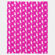 under the sea Seahorse & starfish - white on fuchsia pink fleece blanket