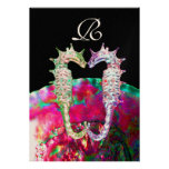 SEAHORSES BEACH WEDDING MONOGRAM, pink blue black Invite