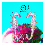 SEAHORSES BEACH WEDDING MONOGRAM, pink blue black Announcements
