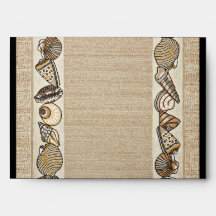 Seashell Border on Brown Weave Wedding Envelopes