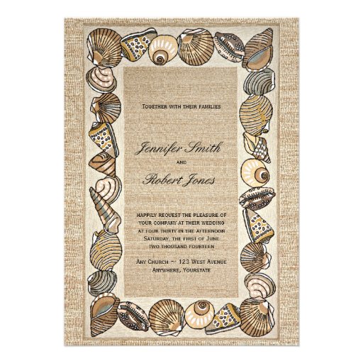 Seashell Border on Brown Weave Wedding Personalized Invitations