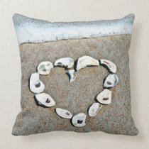 Seashell Heart on the Beach Throw Pillows