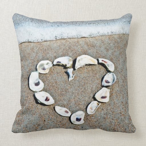 Seashell Heart on the Beach Throw Pillows