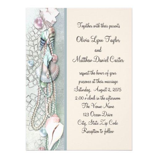 Seashell Pearls Elegant Beach Wedding Personalized Invite