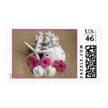 Seashells and Flowers on Sandy Beach Stamps
