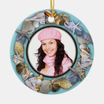 Seashells, Blue Photo Frame Christmas Ornament