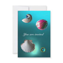 SEASHELLS DAMASK GEM BEACH WEDDING blue aquamarine Custom Announcement