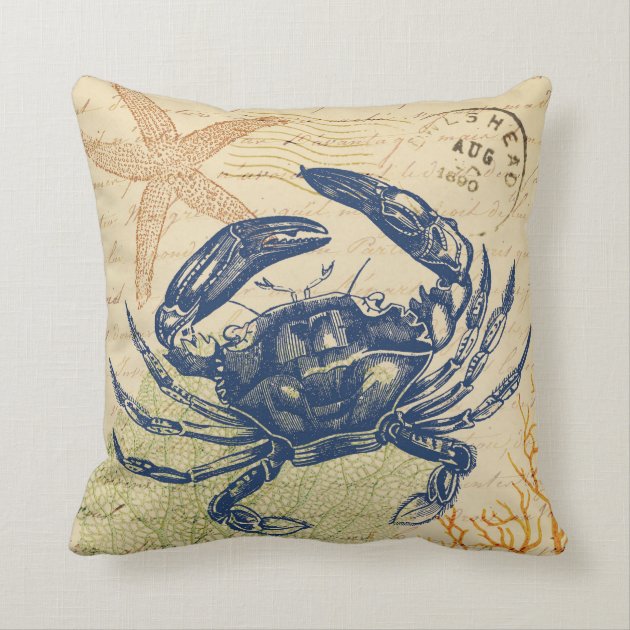 Seaside Blue Crab Collage Pillow