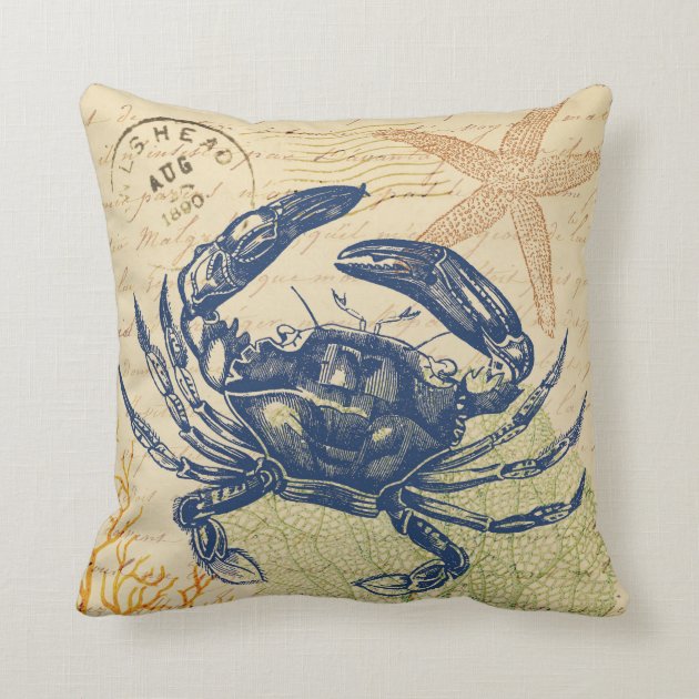 Seaside Blue Crab Collage Pillow