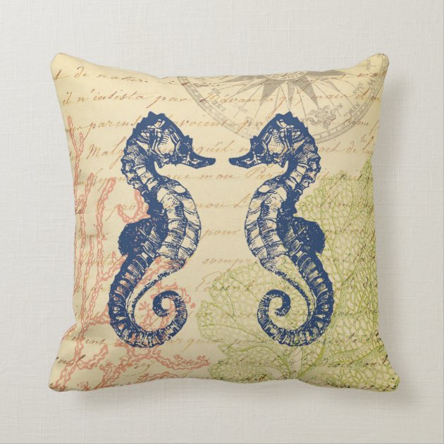 Seaside Blue Sea Horses Collage Throw Pillow