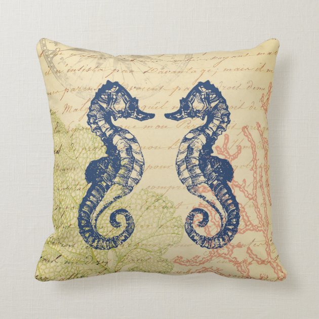 Seaside Blue Sea Horses Collage Throw Pillow