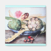 SEASON'S FRUITS 4- ARTICHOKES, ROSE & STRAWBERRIES FRIDGE MAGNET