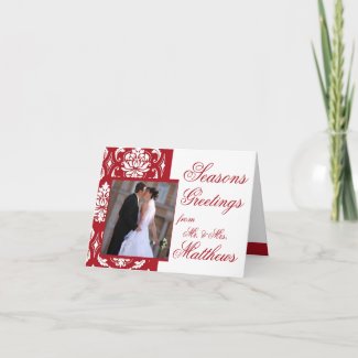 Seasons Greeting Red Damask Wedding Photo Cards card