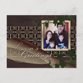 christmas card - holiday card - vines on classy chocolate brown damask background